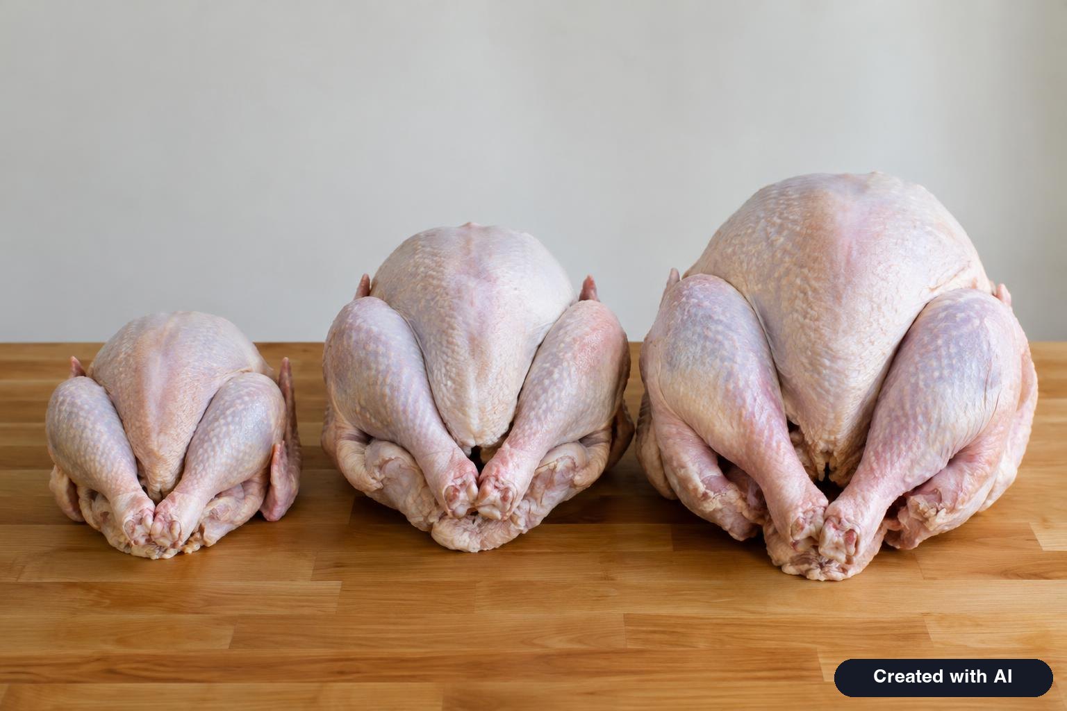 Three raw whole turkeys of different sizes side by side on a butcher counter