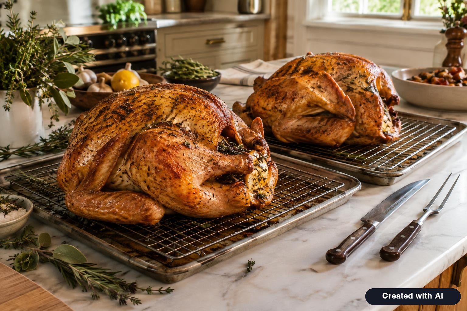 Two smaller roast turkeys side by side on separate racks ready to carve