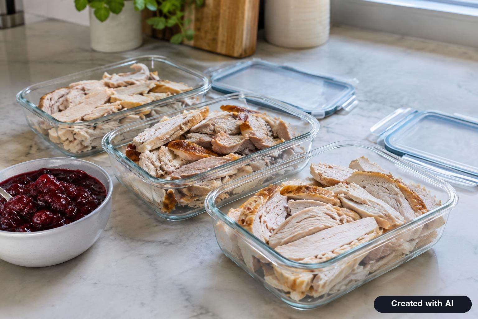 Leftover sliced turkey packed in shallow glass containers on a kitchen counter