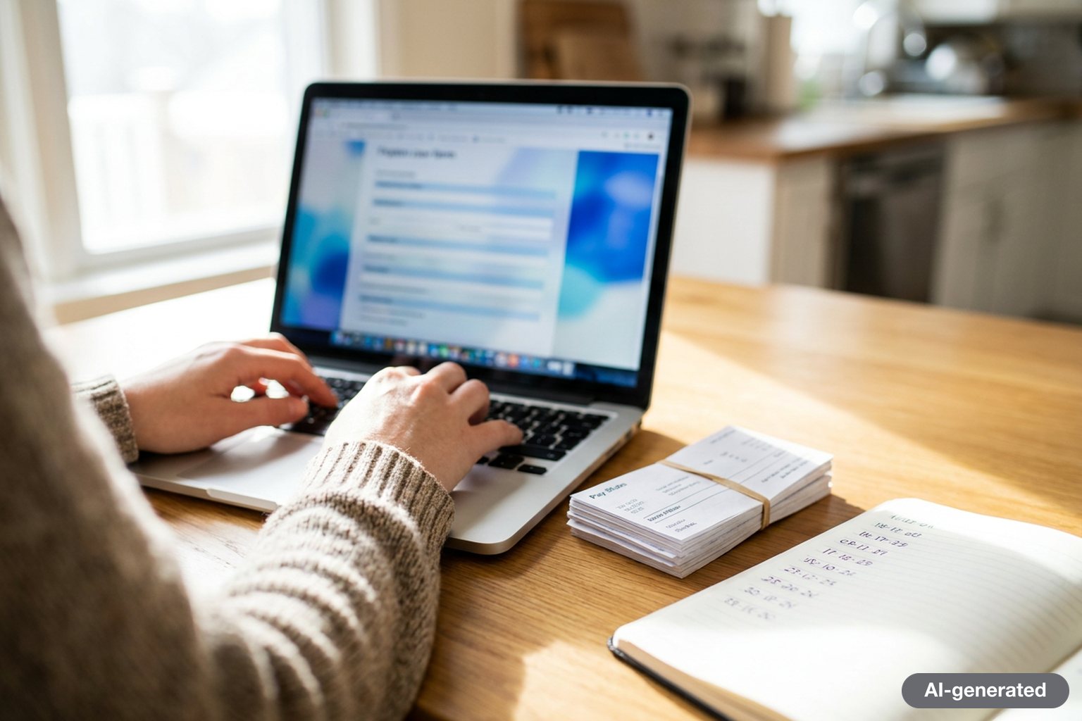A person at a kitchen table filling in an online form on a laptop with pay stubs and a notebook beside it