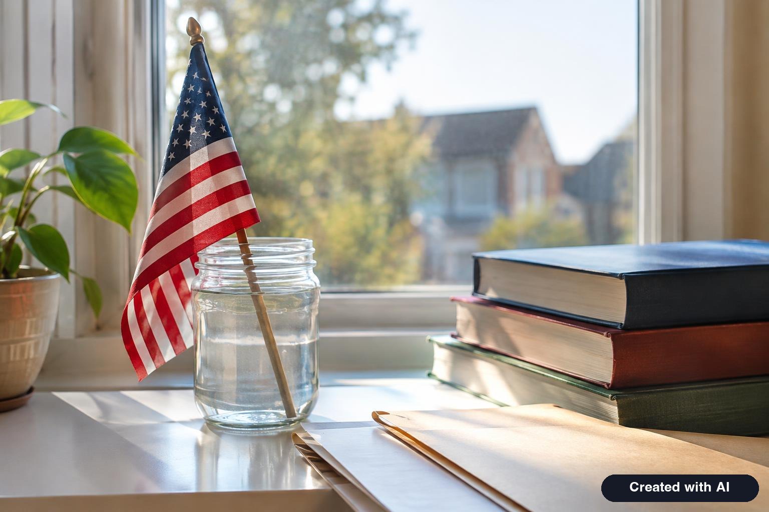 A small American flag in a jar on a windowsill beside a stack of study books and a folder of documents