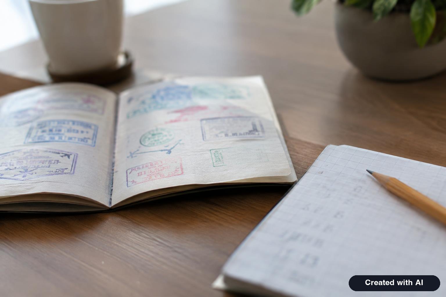 An open passport with travel stamps next to a notebook where trip dates are being added up with a pencil