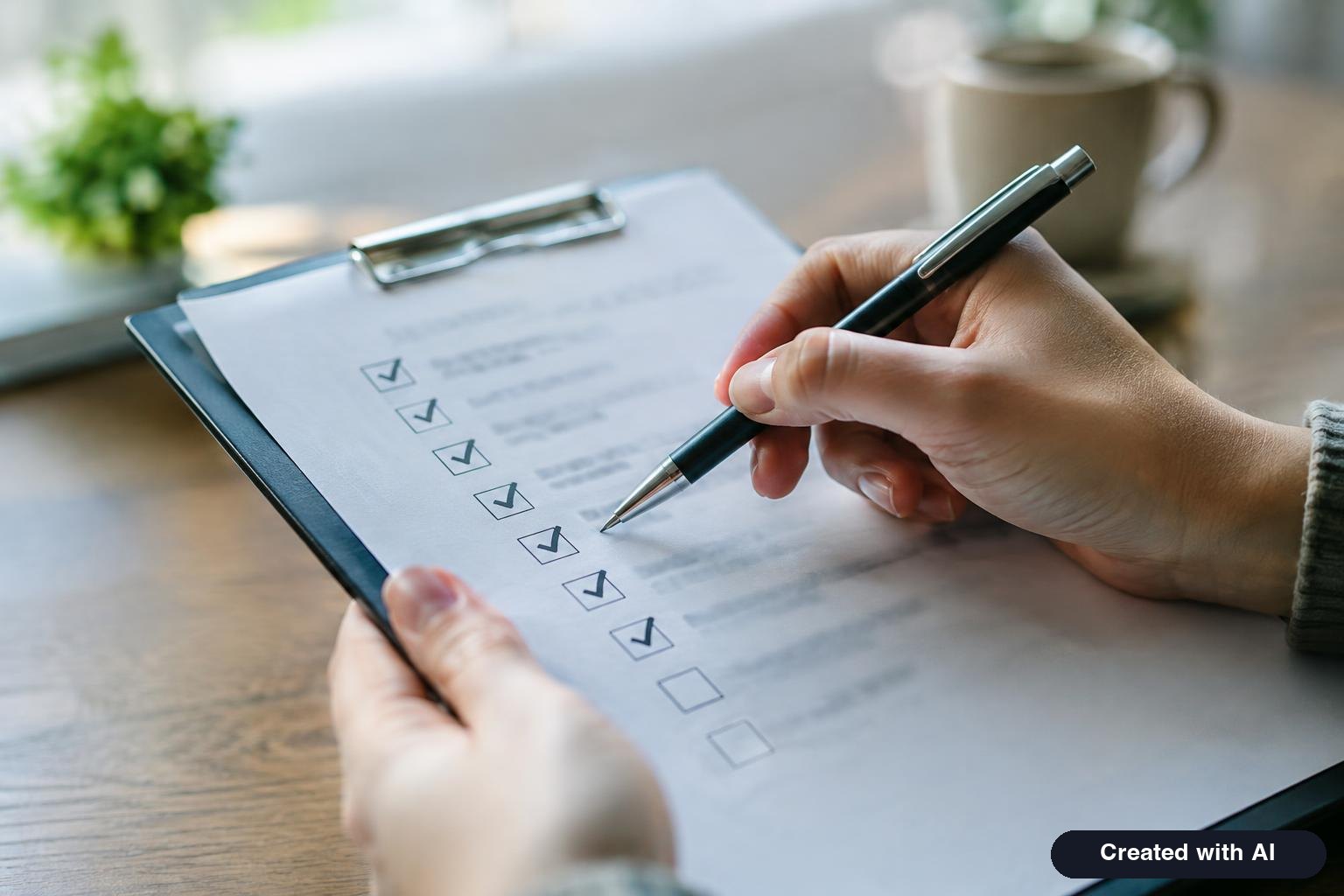 Hands holding a pen over a checklist on a clipboard with several items already ticked off