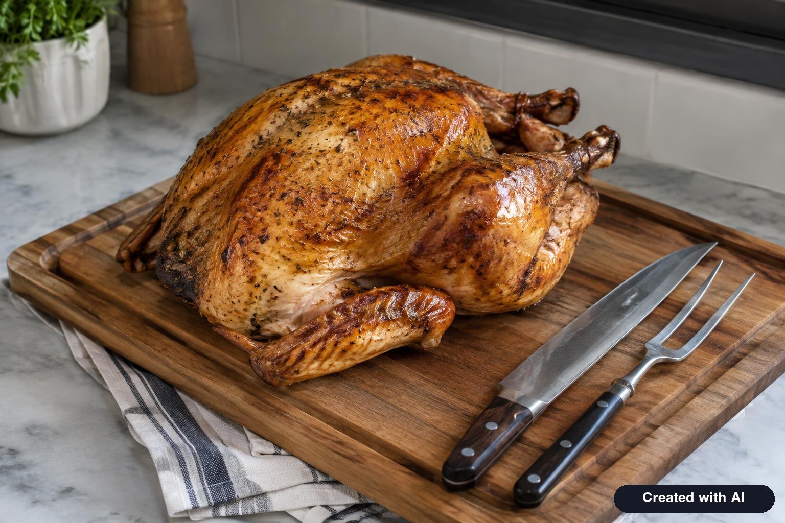 Rested roast turkey on a large grooved cutting board beside a carving knife and fork