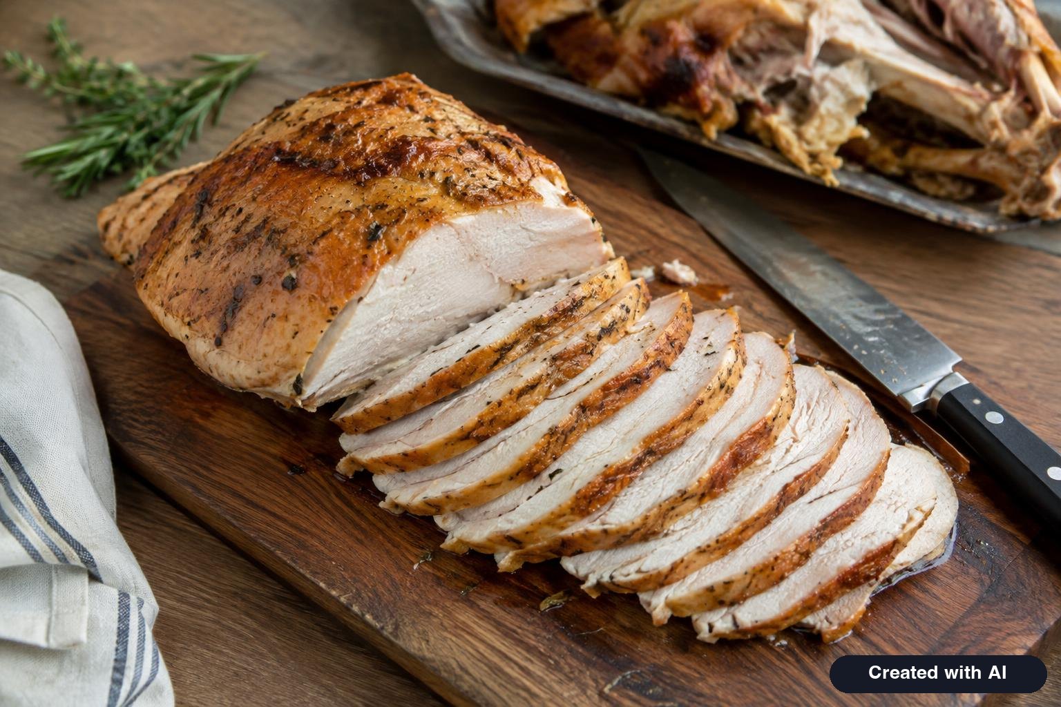 Whole turkey breast half removed from the bone and sliced crosswise on a cutting board