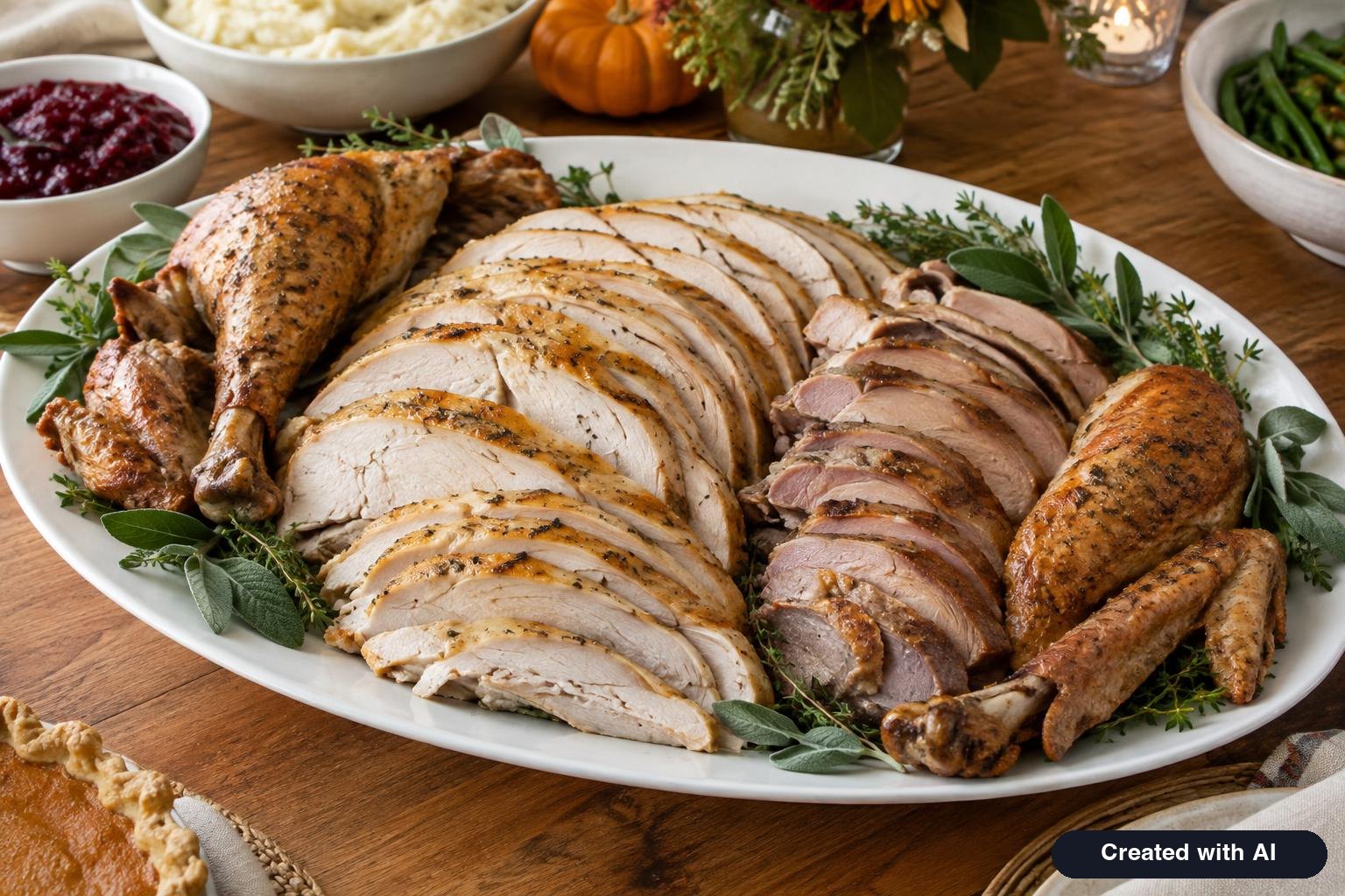 Platter of carved turkey with fanned breast slices, sliced dark meat, drumsticks and wings