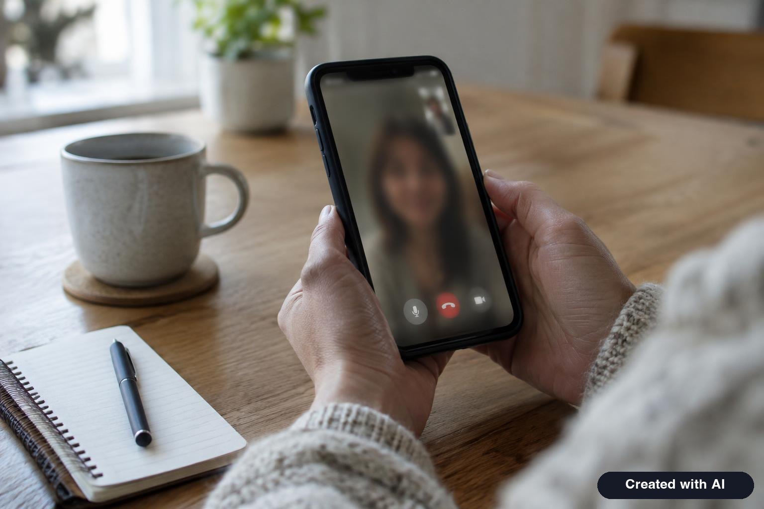 A person's hands holding a smartphone during a telehealth appointment at a kitchen table