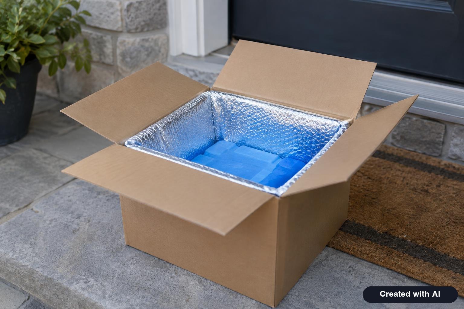 A plain cardboard pharmacy shipping box with a cold pack on a doorstep