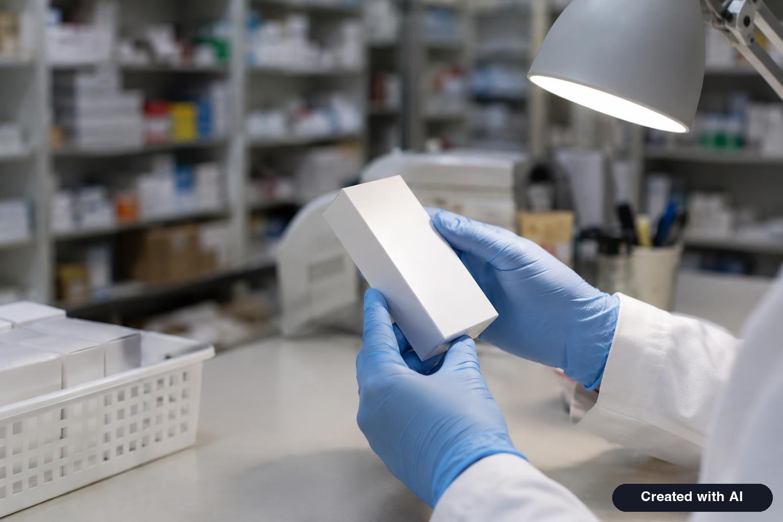 A pharmacist's gloved hands checking a plain injection pen carton under a desk lamp