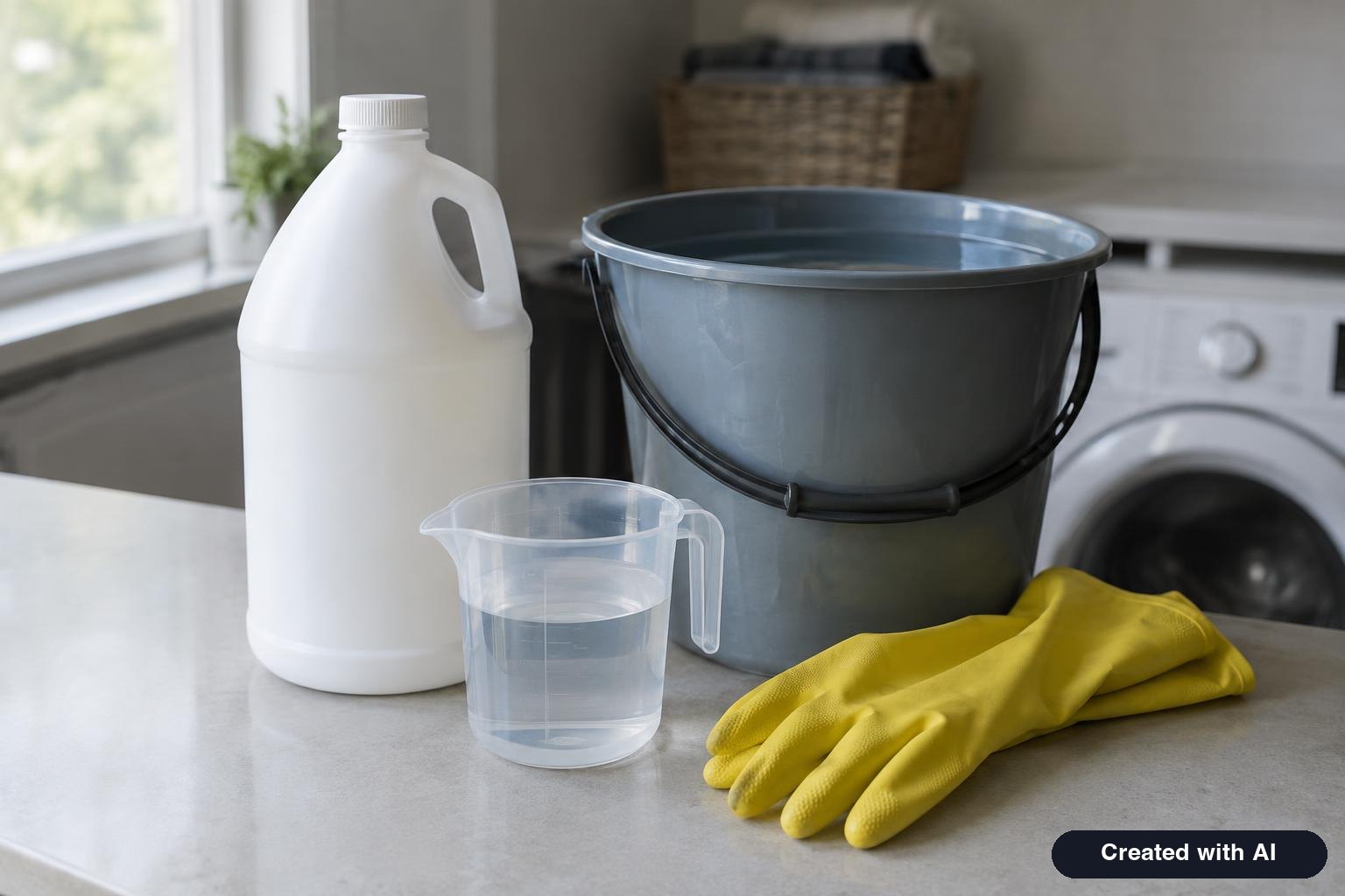 Measuring cup, an unlabeled white jug, a bucket of water and yellow rubber gloves on a laundry room counter