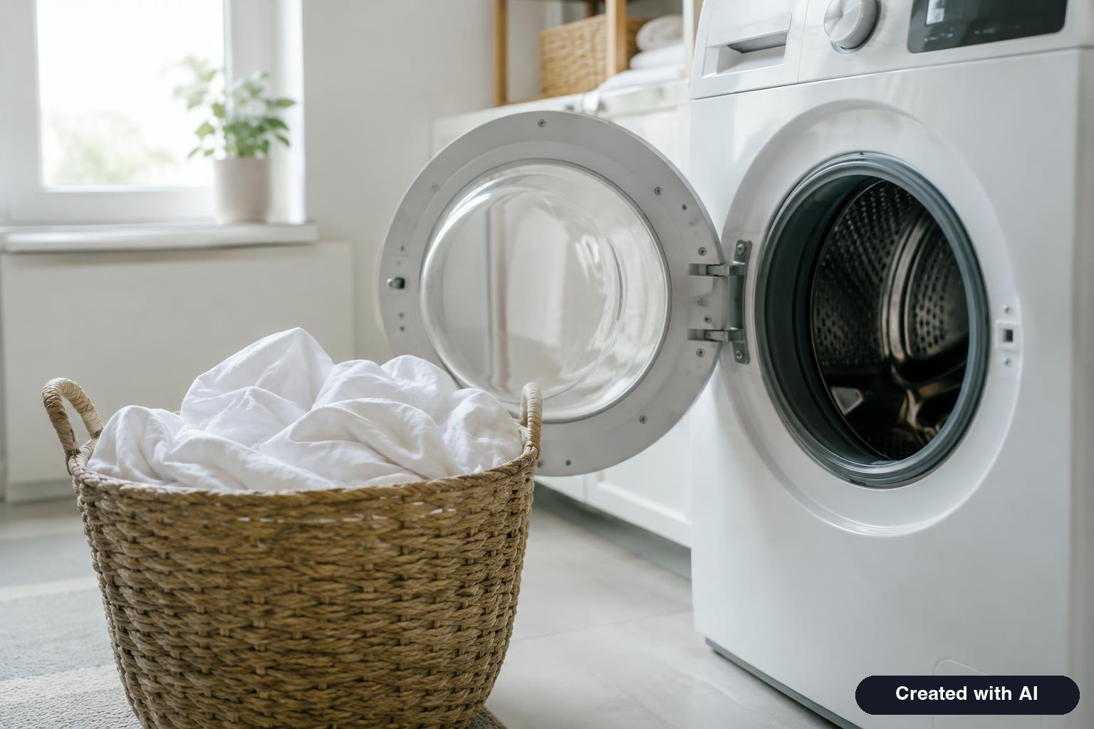 Front-loading washing machine with the door open and a laundry basket of sheets beside it