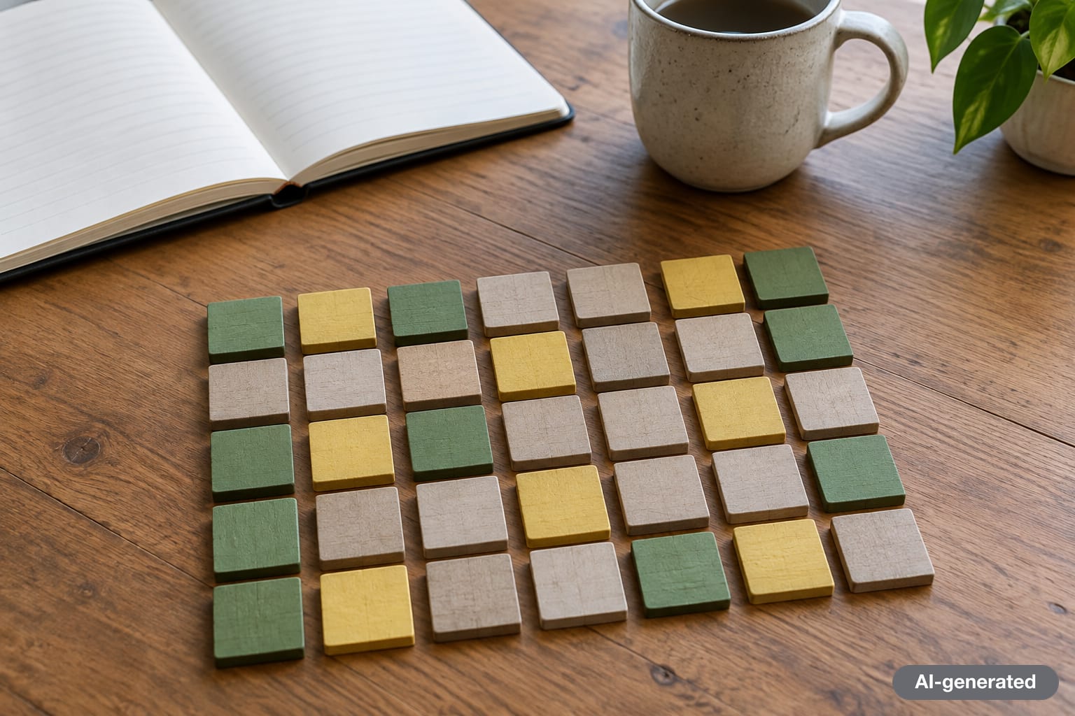 Blank wooden tiles on a table arranged in rows, some tinted green and yellow, next to a notebook and a cup of coffee