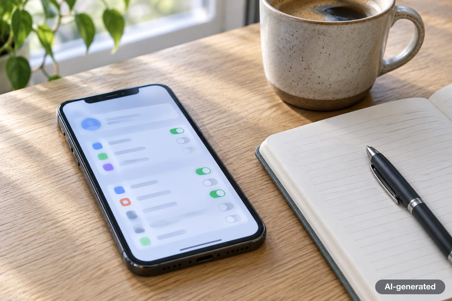 A smartphone lying face up on a wooden table next to a notebook and a cup of coffee, its screen showing a settings menu