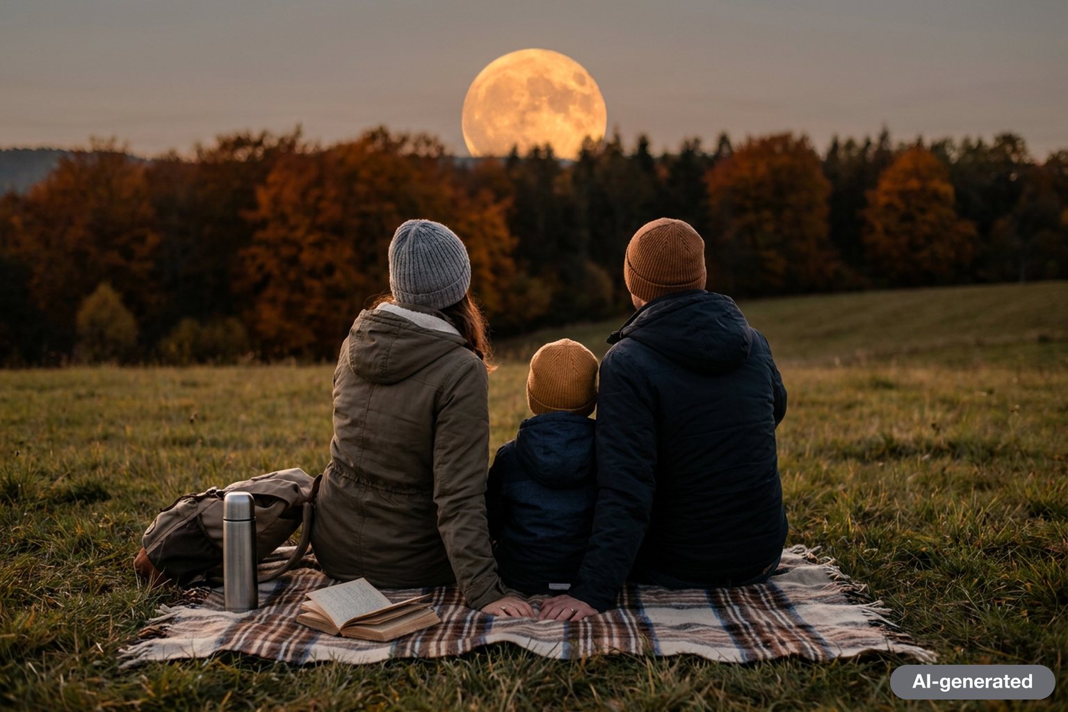 A family on a hillside meadow at dusk watching a large orange full moon rise over a line of autumn trees