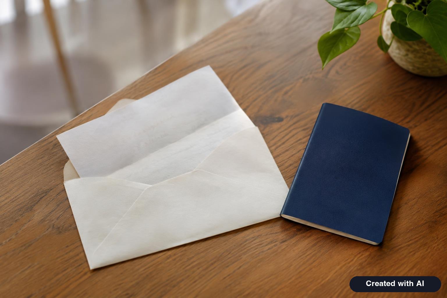 Opened envelope with an official notice on a table next to a passport