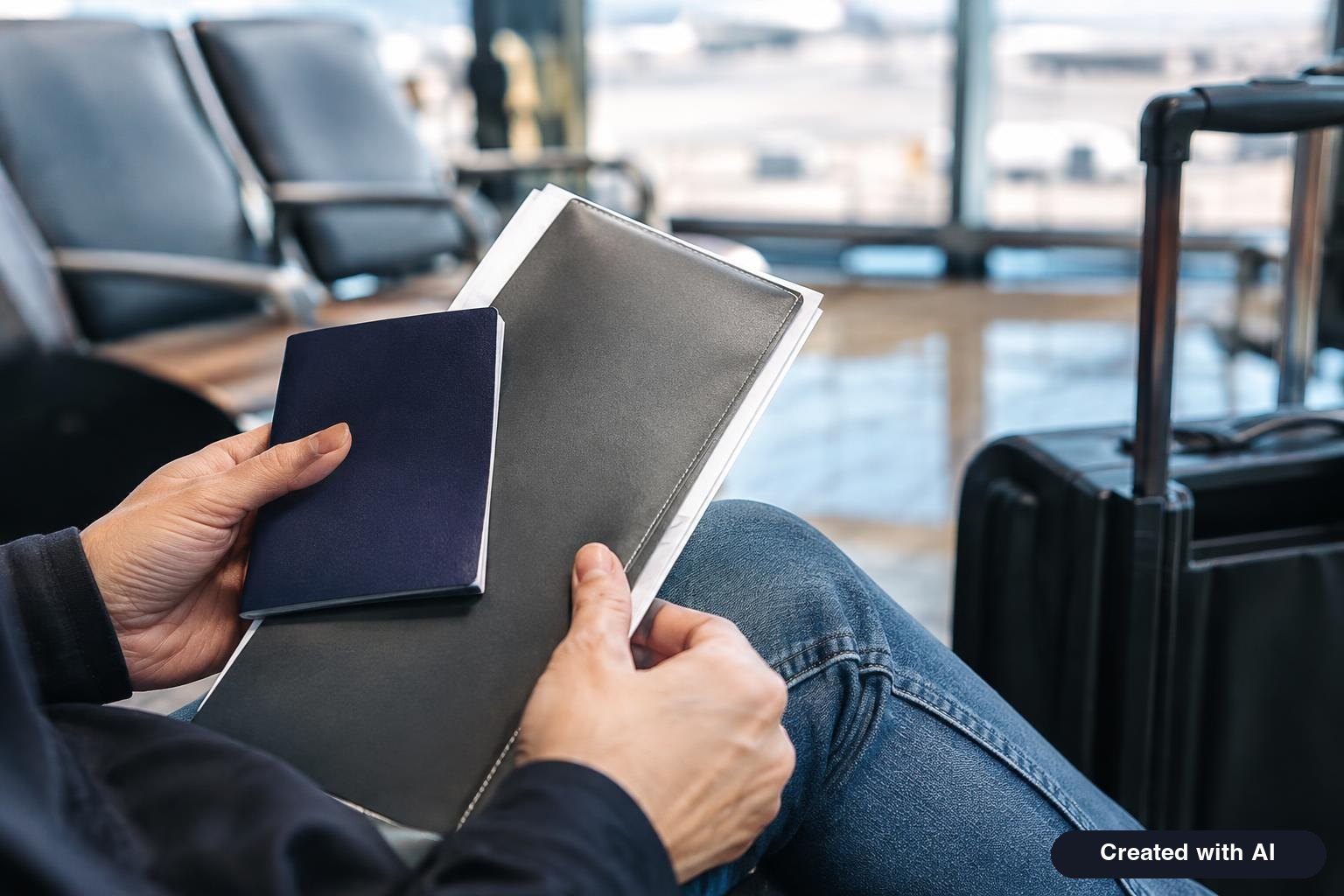 Traveler's hands holding a passport and a folder of documents at an airport seating area