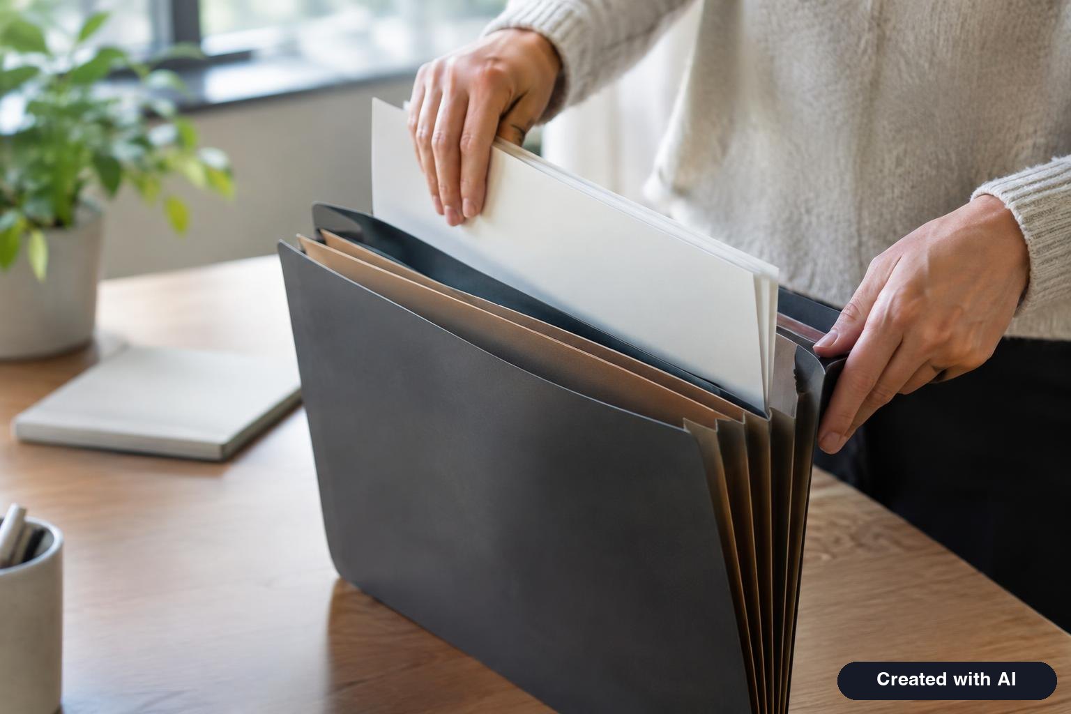 Hands organizing civil documents and translations into a labeled accordion folder