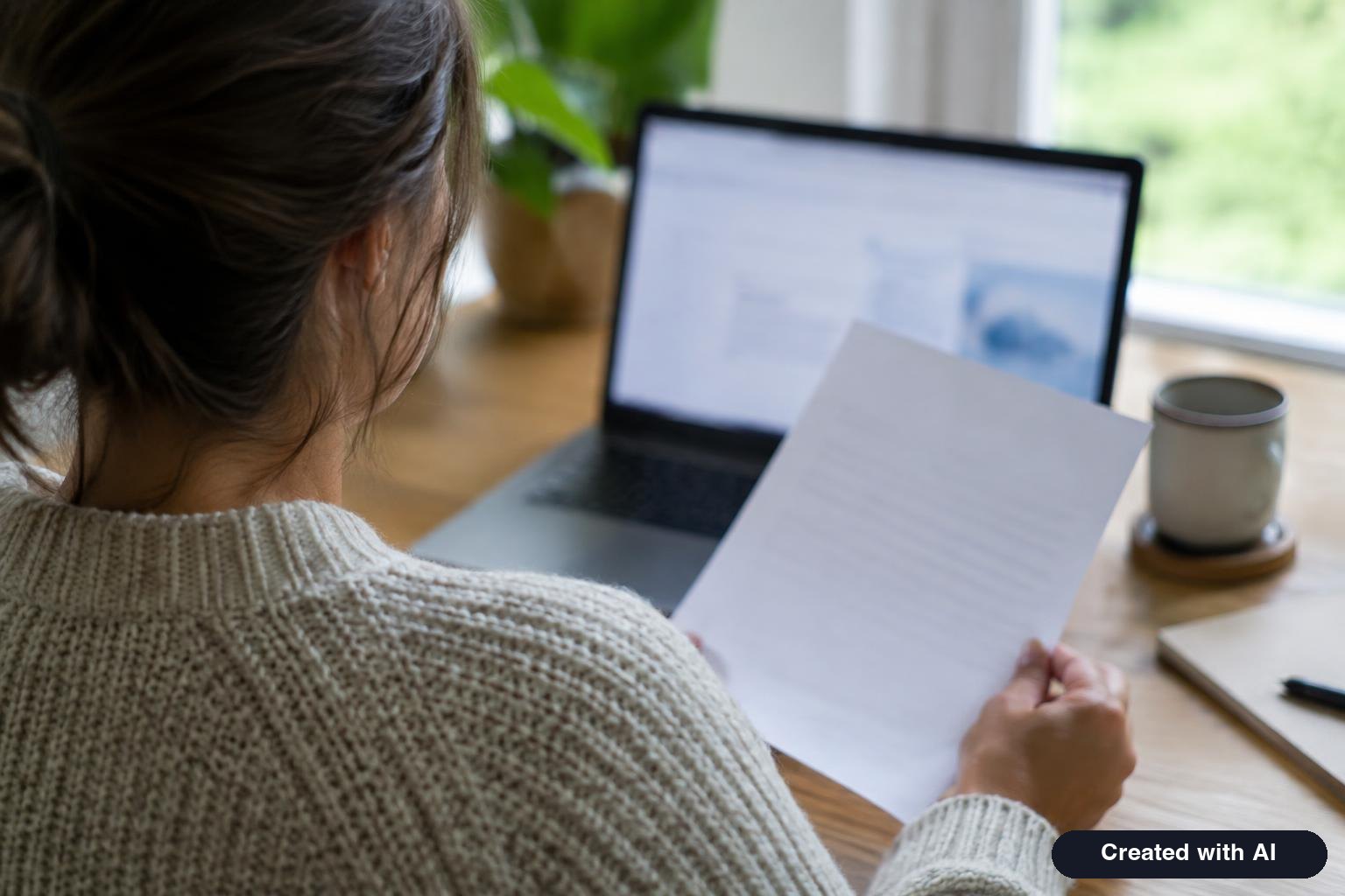 Person at a desk looking at a laptop while holding a printed notice