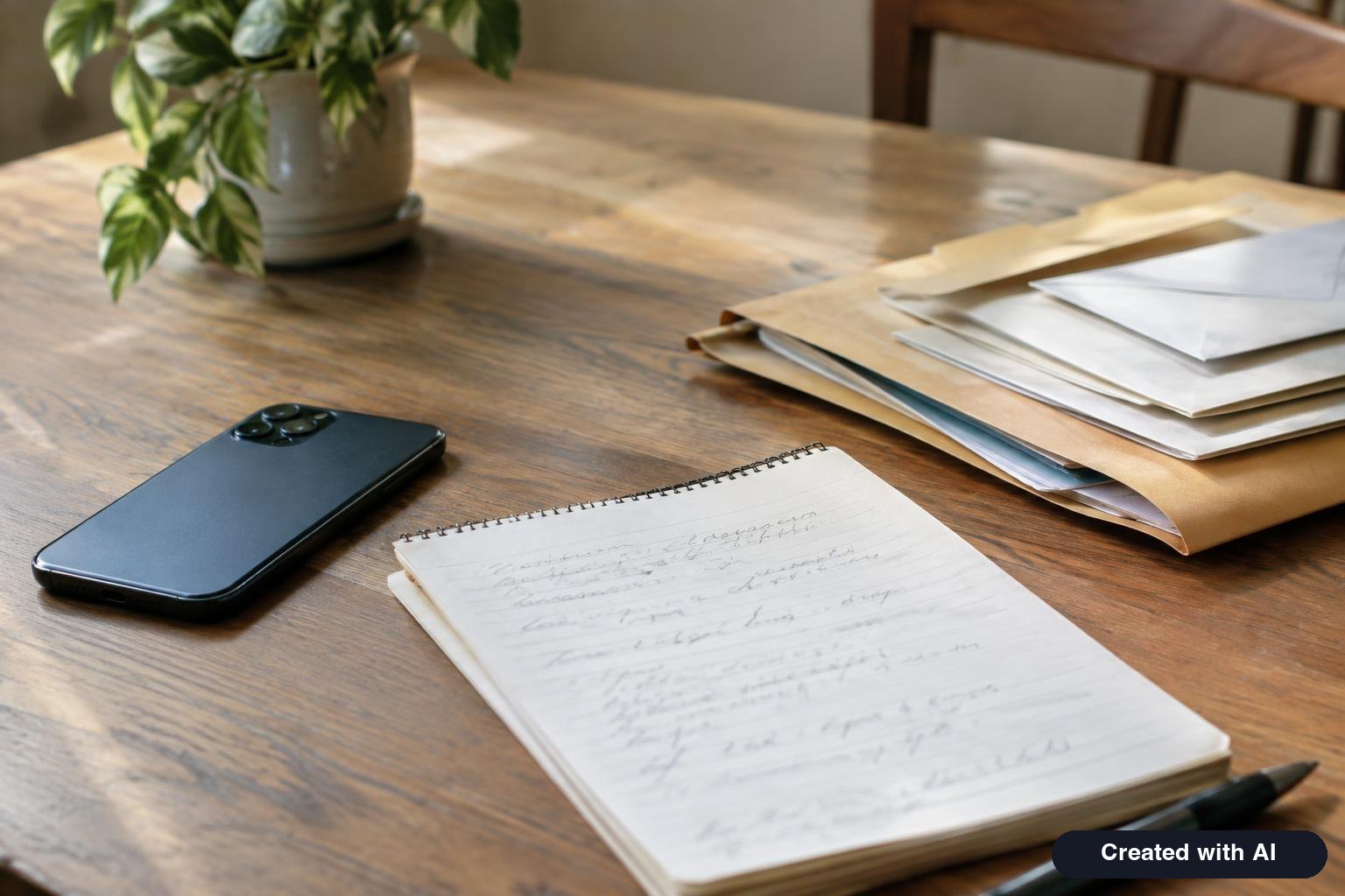 Phone, notepad with a list of dates and a folder of supporting letters on a table