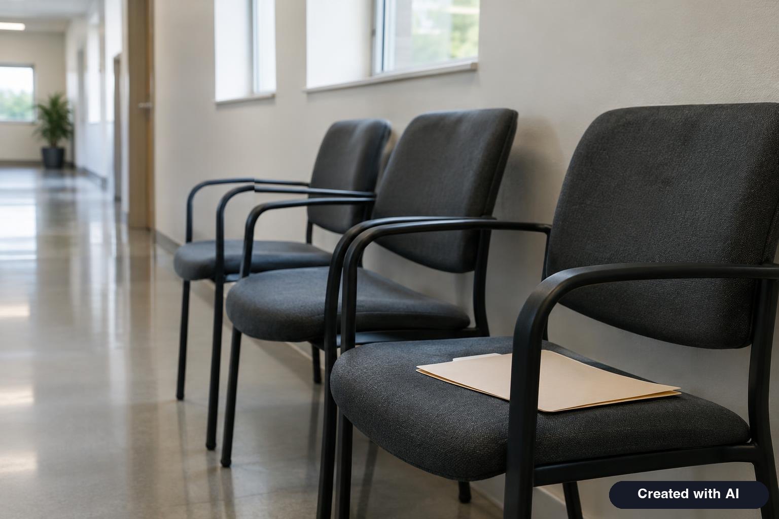 Waiting area chairs in a plain government office with a folder resting on one seat