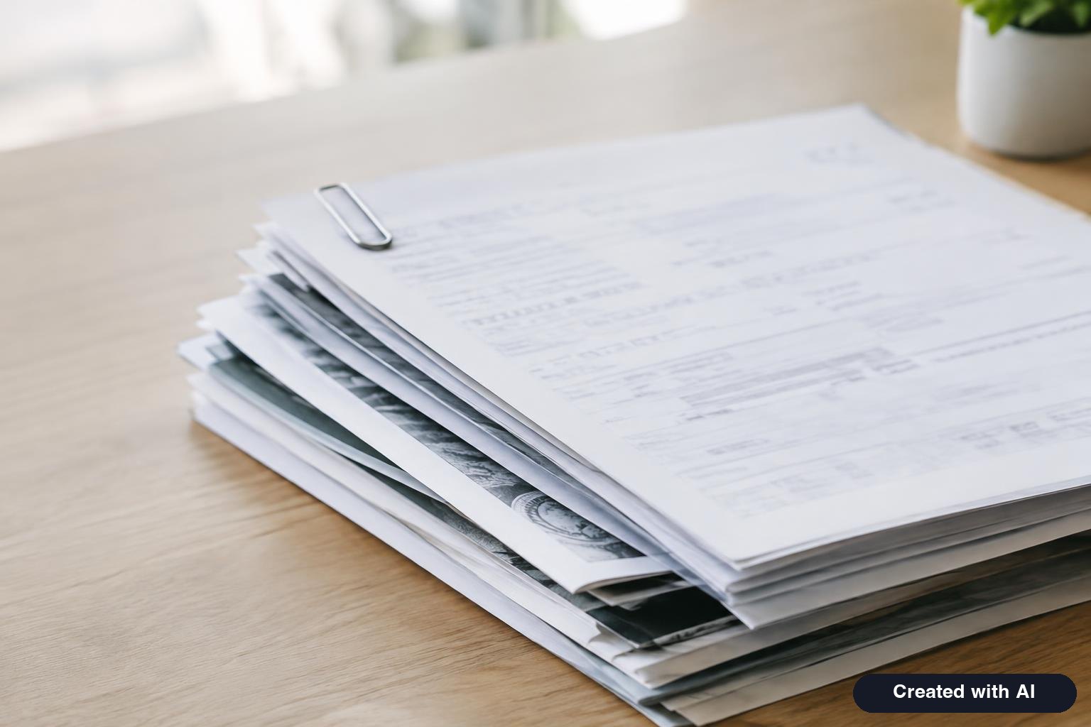 Neatly ordered stack of forms and photocopied certificates held with a paper clip