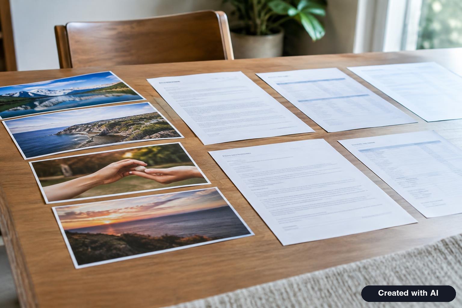 Printed photographs, a lease agreement and bank statements laid out in rows on a table