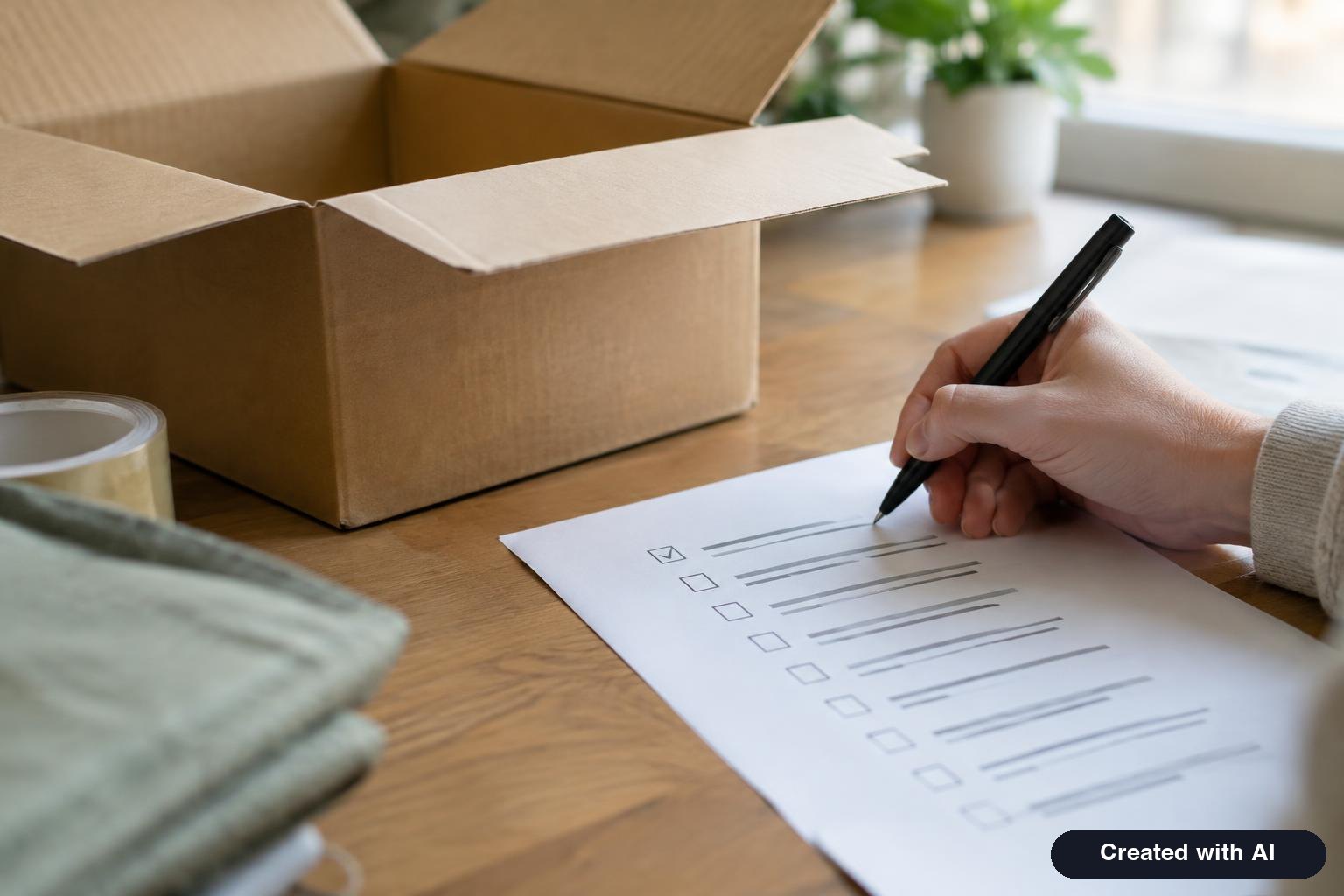 Person checking off items on a printed list beside an open mailing box