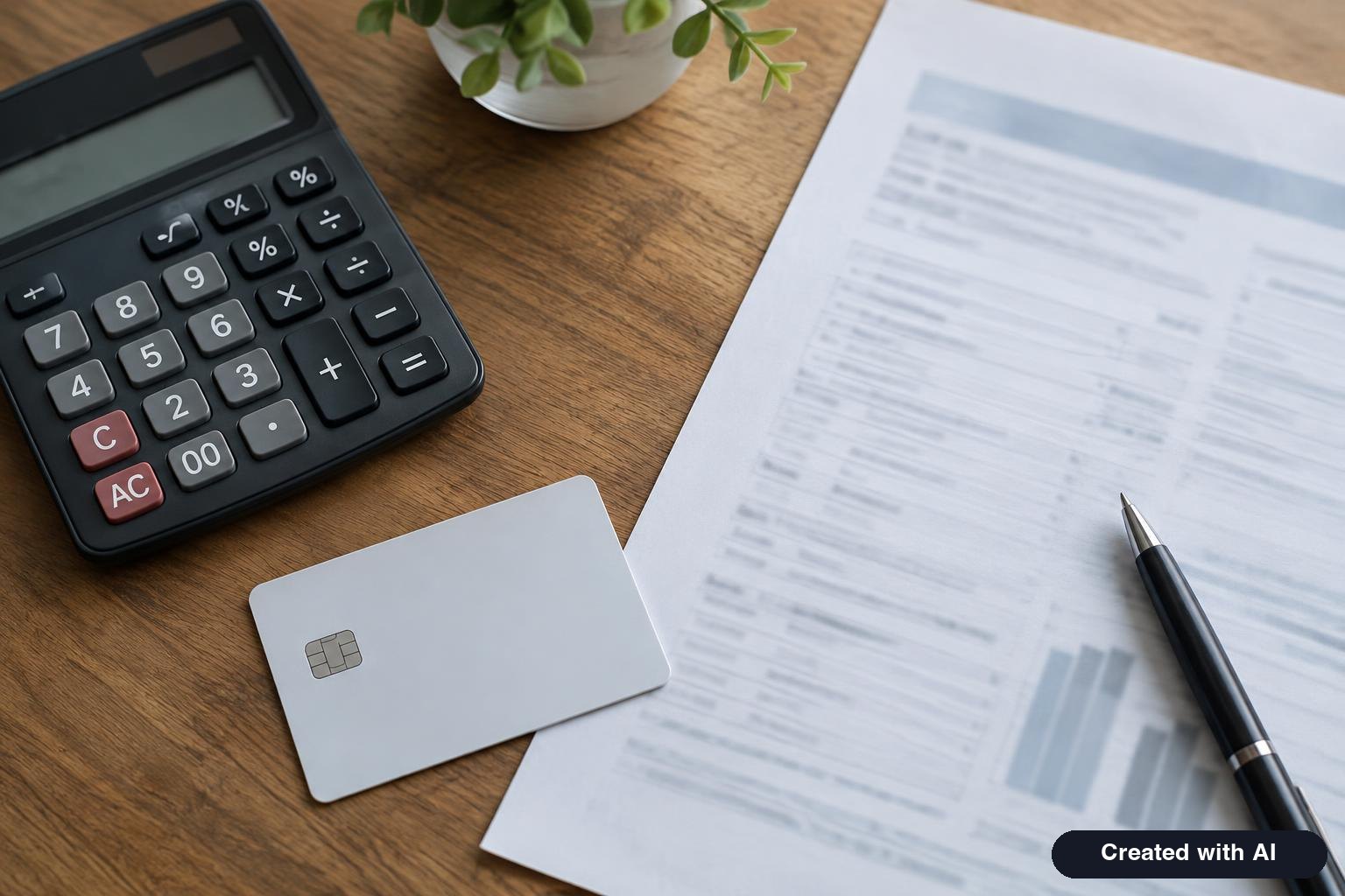 Calculator, bank card and a printed payment authorization form on a desk