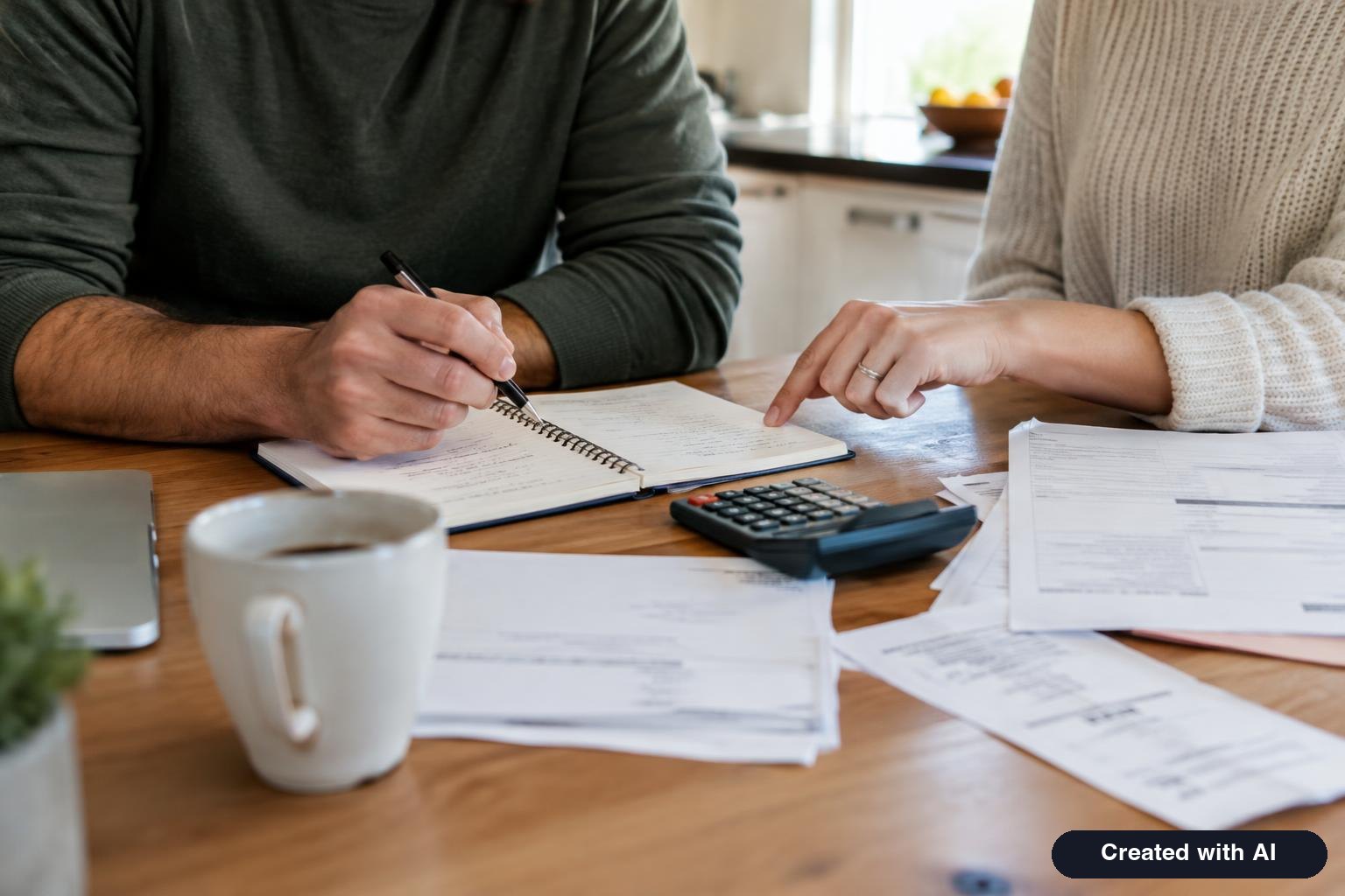 Couple reviewing a household budget notebook with paperwork spread on a table