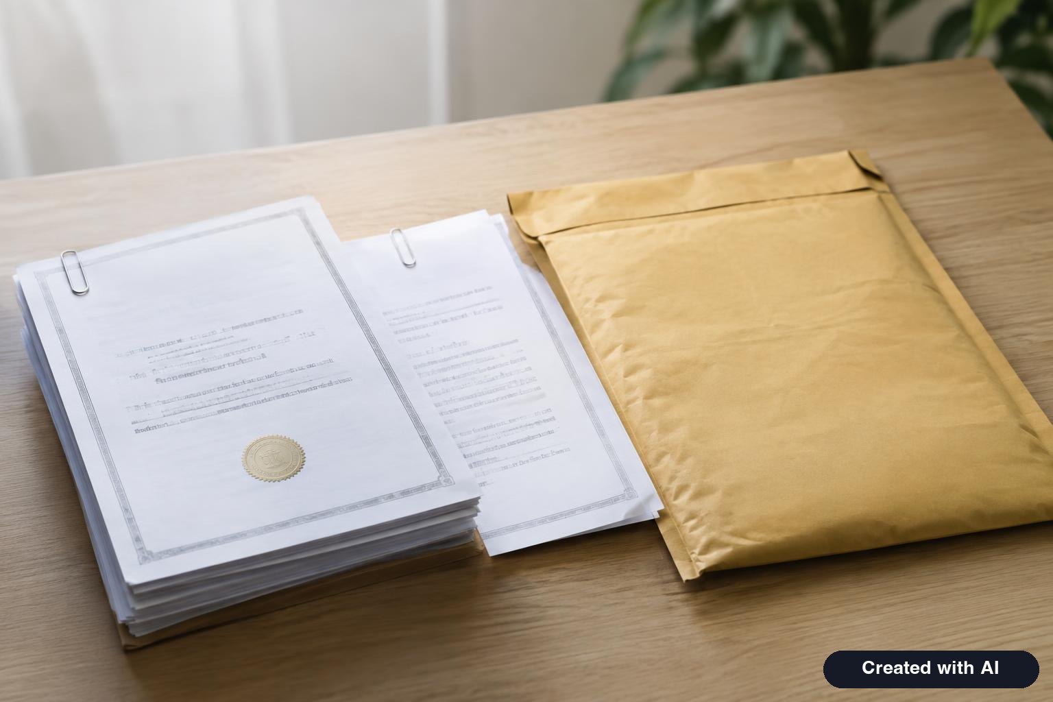 Stack of certified civil documents with translation pages and a courier envelope
