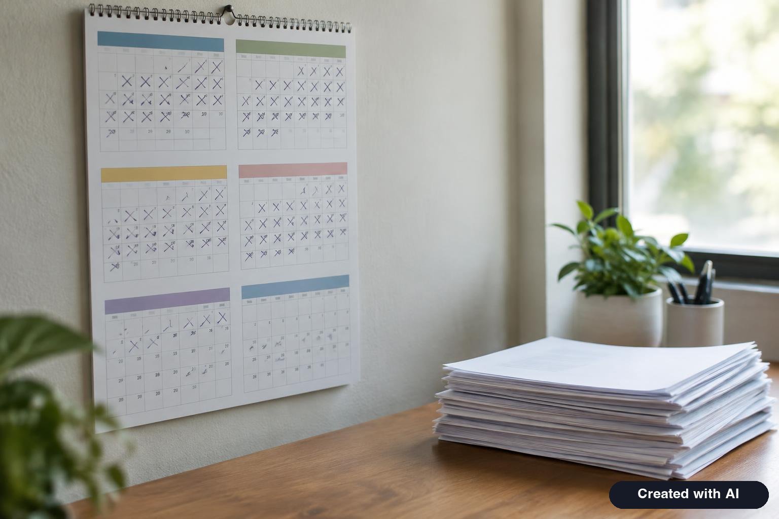Wall calendar with months crossed off beside a stack of immigration paperwork on a desk
