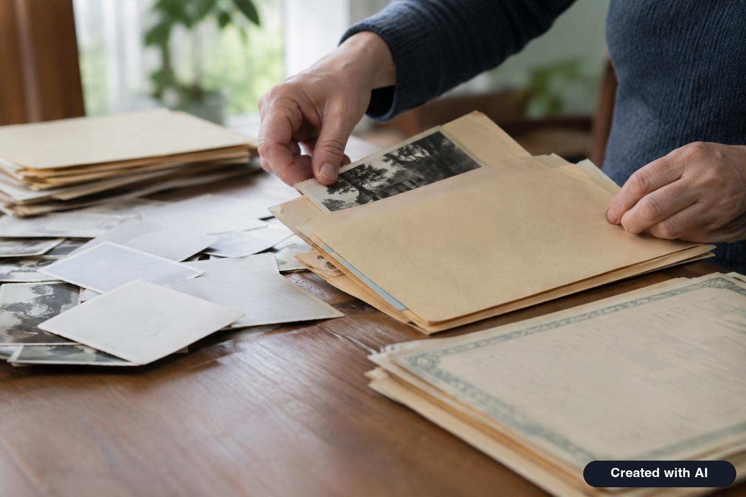 Hands sorting family photographs and civil documents into labeled folders
