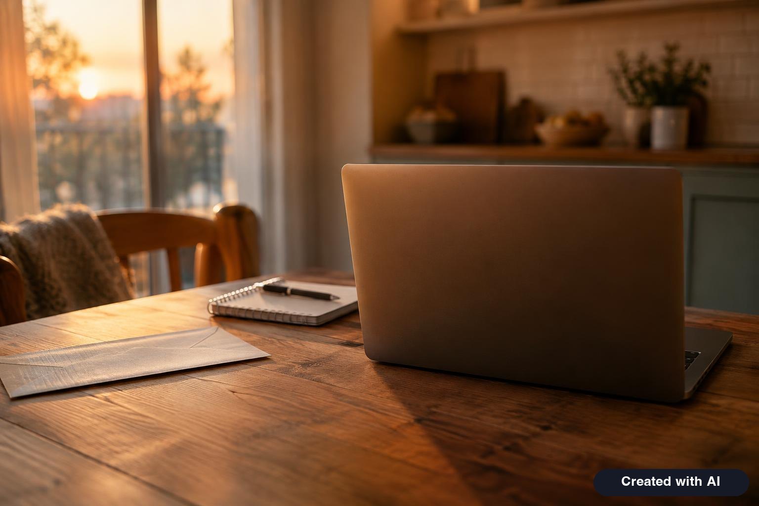 Laptop on a kitchen table next to an envelope and a notepad with dates written on it