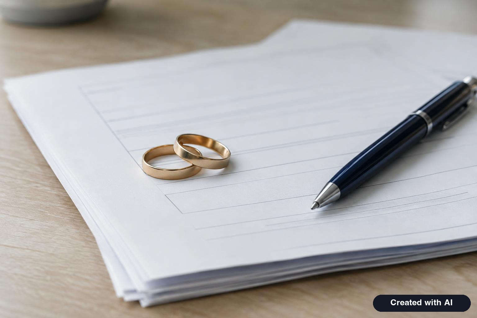 Two wedding rings resting on a stack of forms beside a pen