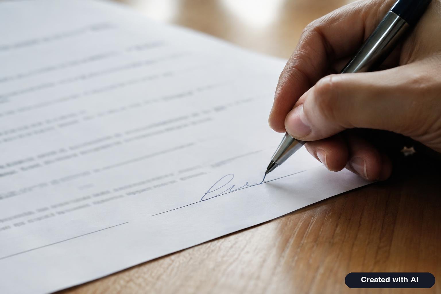Hand signing the last page of a form with a ballpoint pen