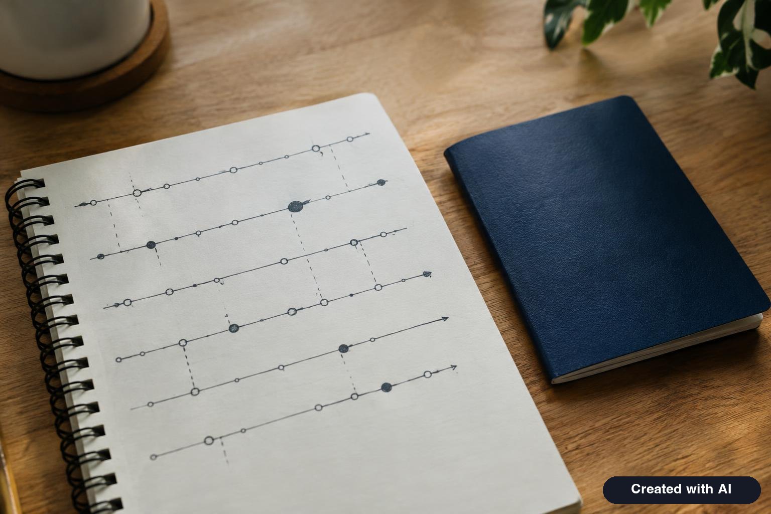 Notebook page with a handwritten timeline of addresses and jobs next to a passport