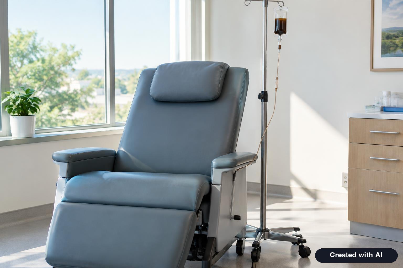 Empty reclining infusion chair beside an IV pole with a small bag of dark brown fluid in a bright clinic room
