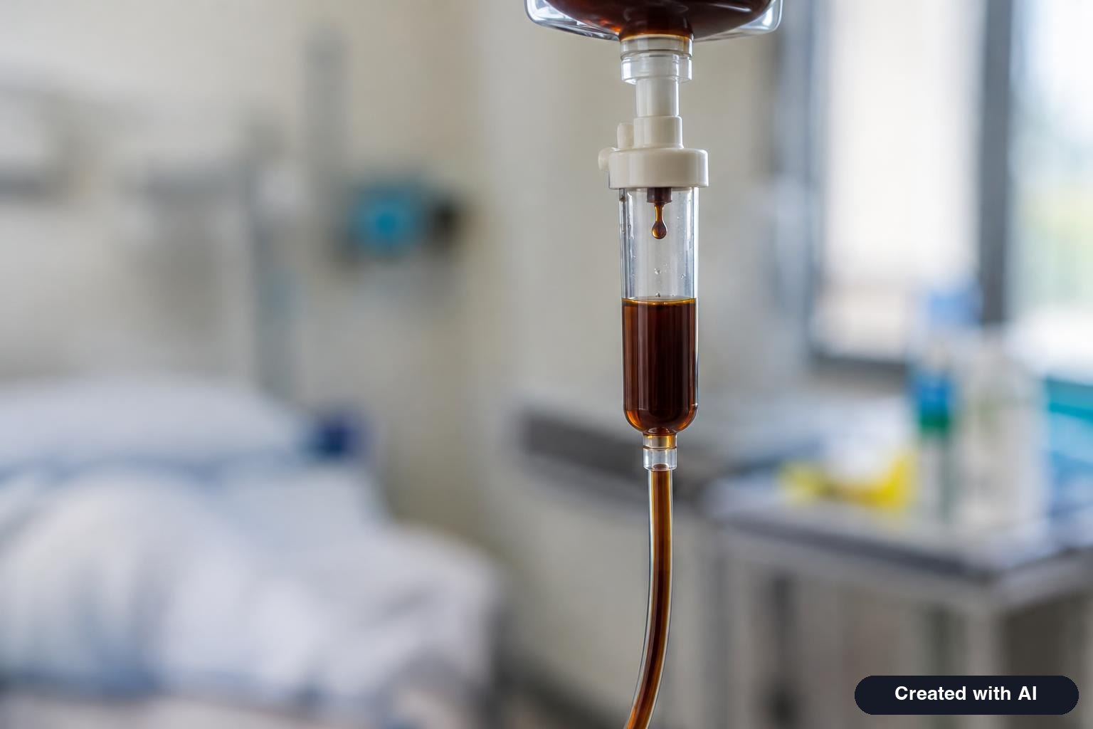 Close view of an IV drip chamber and tubing with a dark brown solution against a soft clinic background