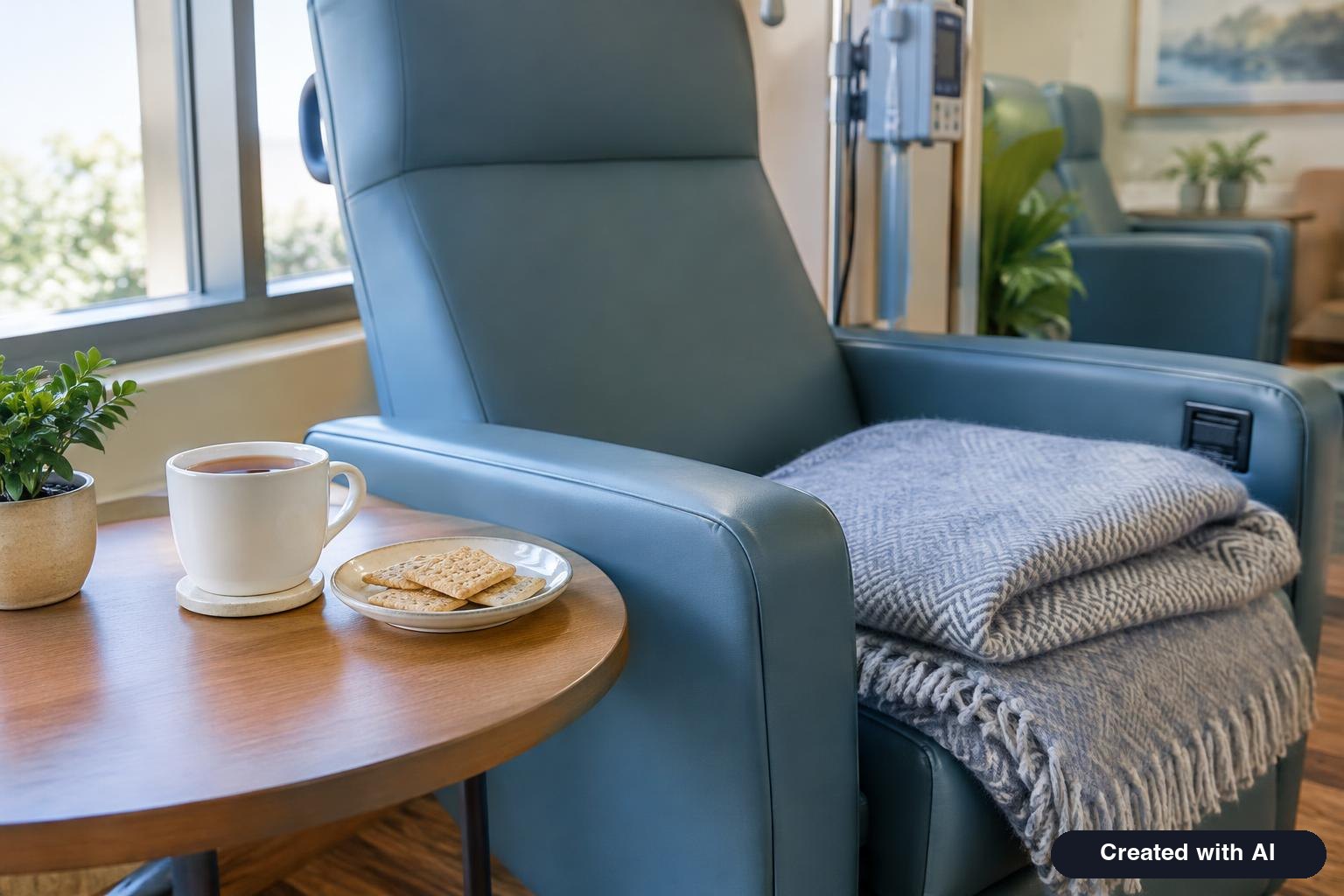 Cup of tea and a light snack on a side table next to an infusion chair blanket