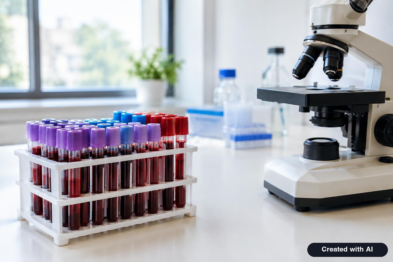 Blood sample tubes in a rack next to a microscope in a clinical lab