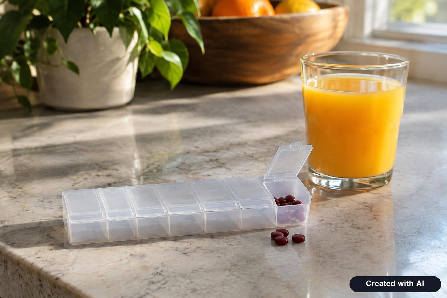 Weekly pill organizer with dark red iron tablets on a kitchen counter next to a glass of orange juice
