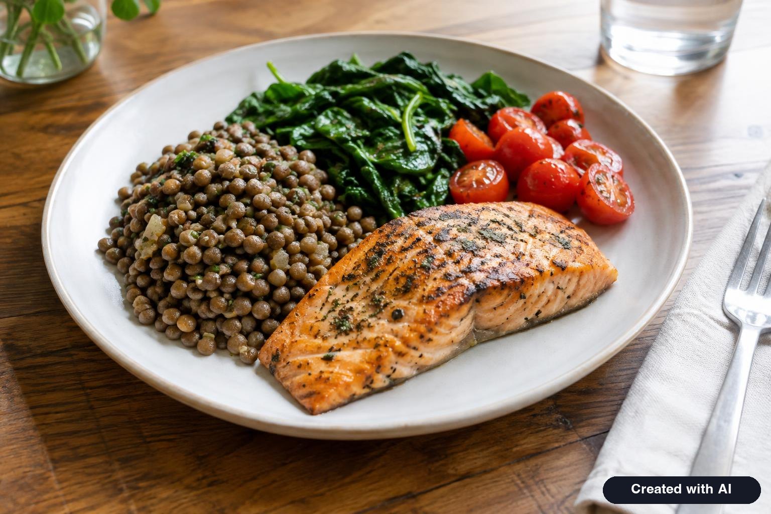 Plate with grilled salmon, lentils, spinach and tomatoes on a dining table