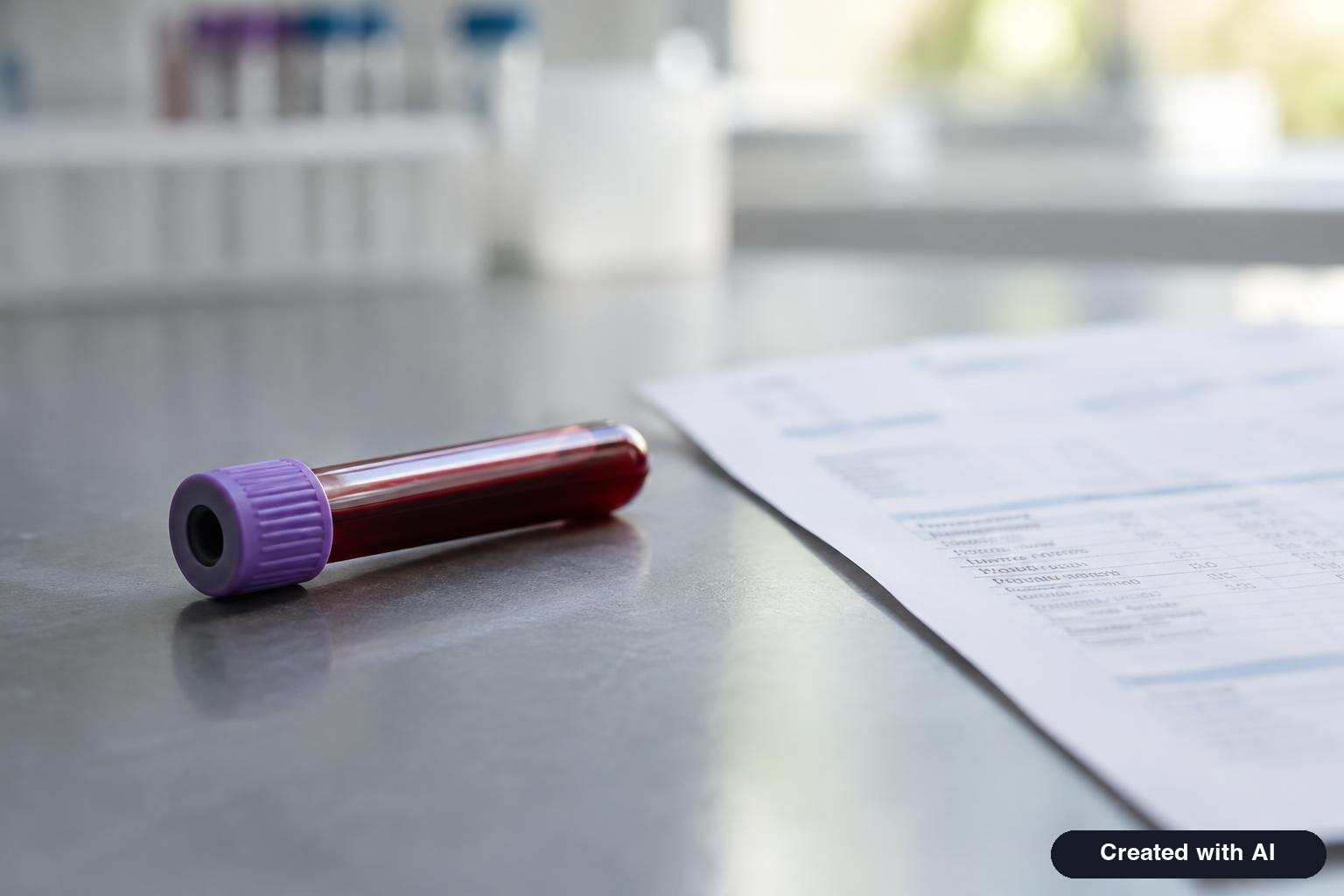 Single blood collection tube resting on a clean lab bench next to a printed lab report with no readable text