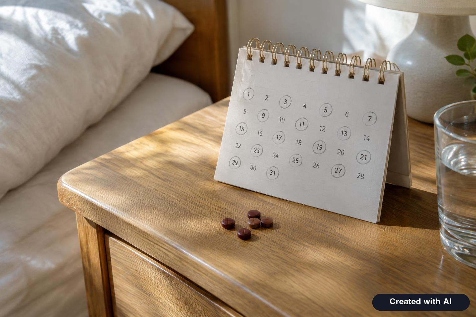 Iron tablets and a small calendar with alternate days circled on a bedside table
