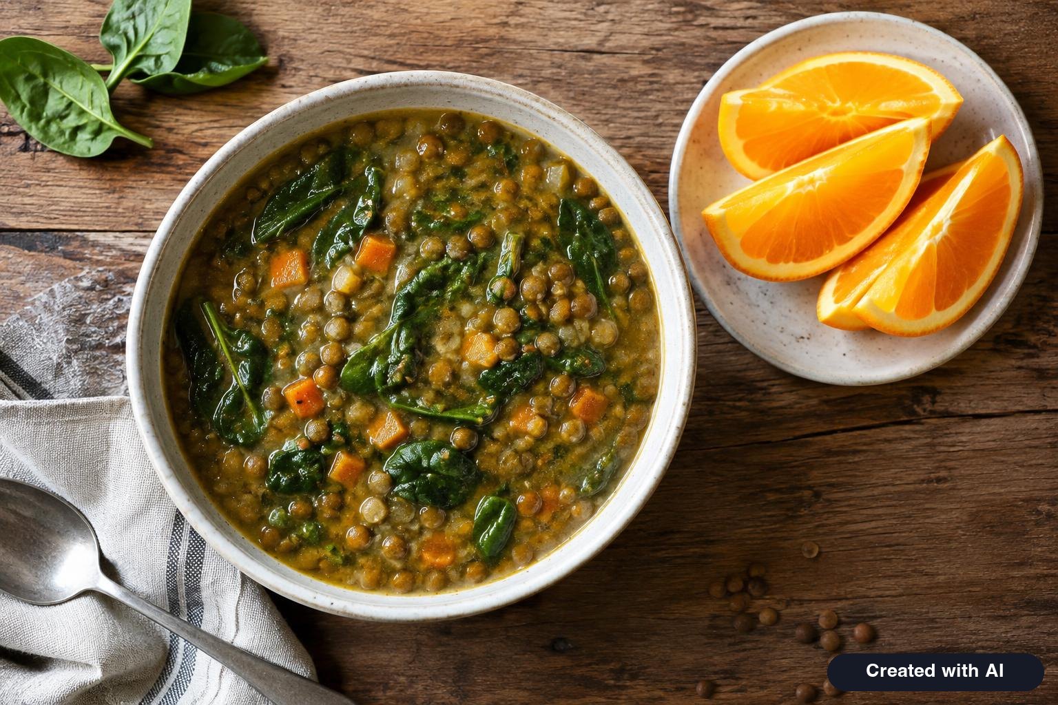 Bowl of lentil and spinach soup with a side of orange slices on a wooden table