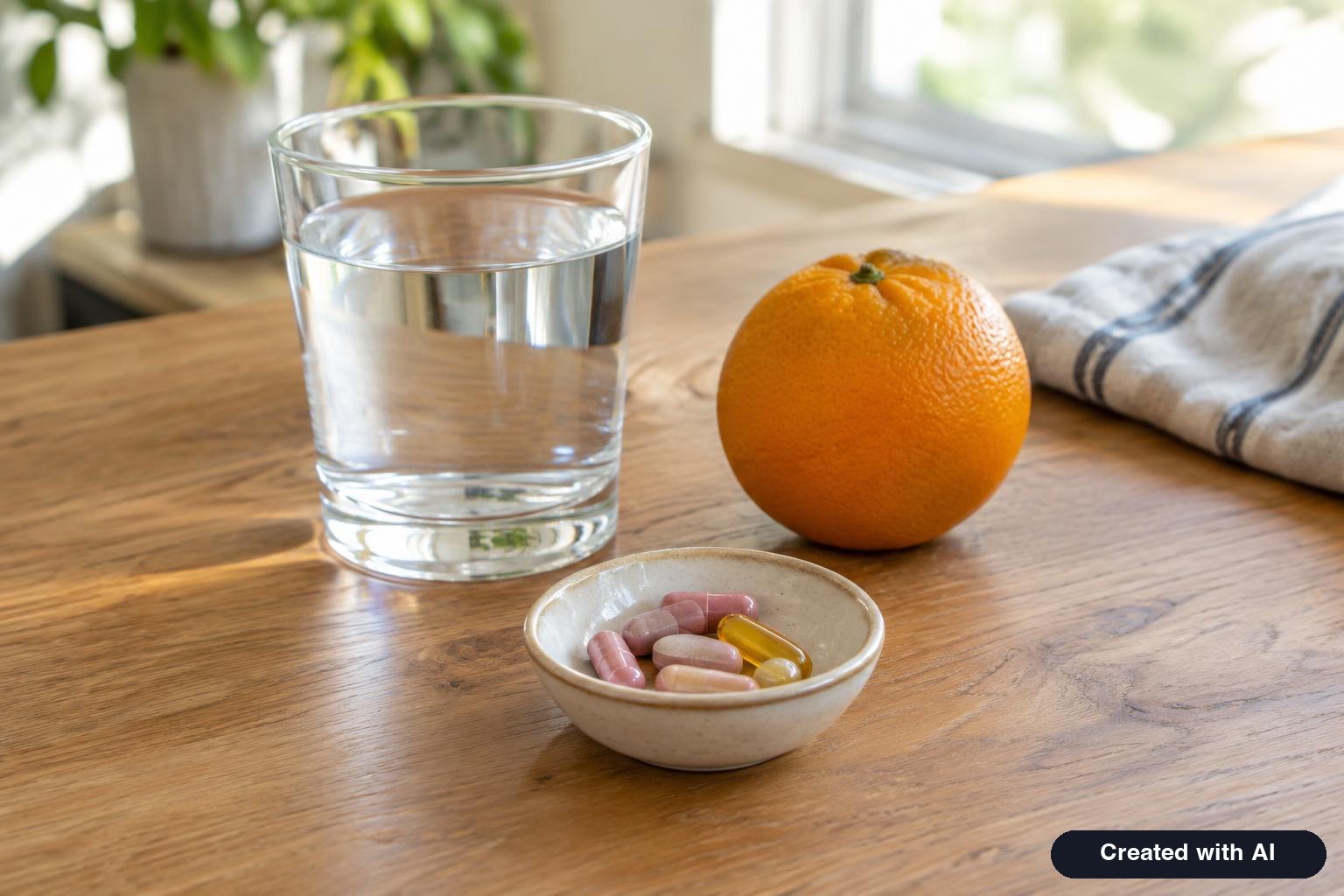 Prenatal vitamin capsules in a small ceramic dish next to a glass of water and an orange on a kitchen table