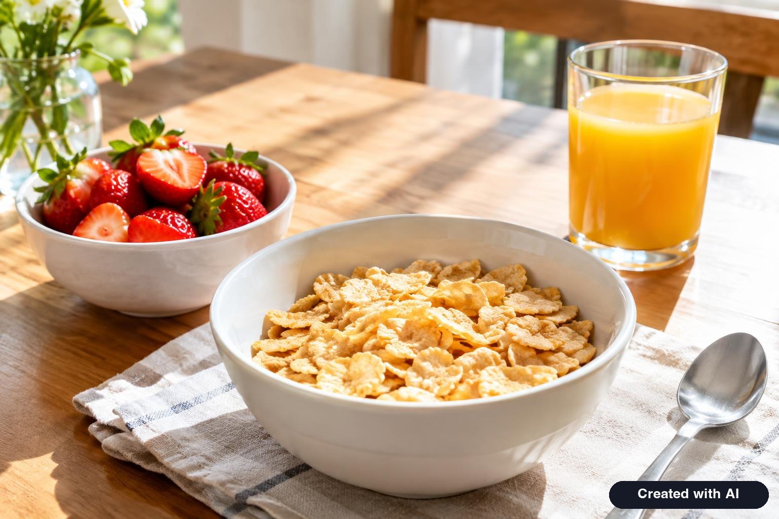 Breakfast of iron-fortified cereal, strawberries and a glass of orange juice on a sunny table