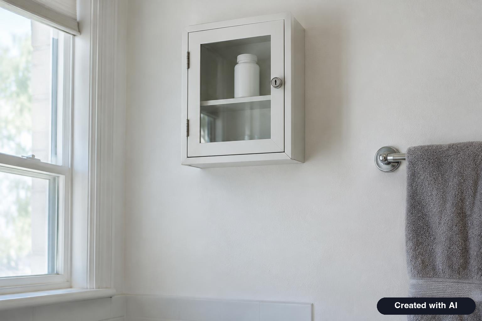Locked medicine cabinet mounted high on a bathroom wall with a vitamin bottle visible through the glass