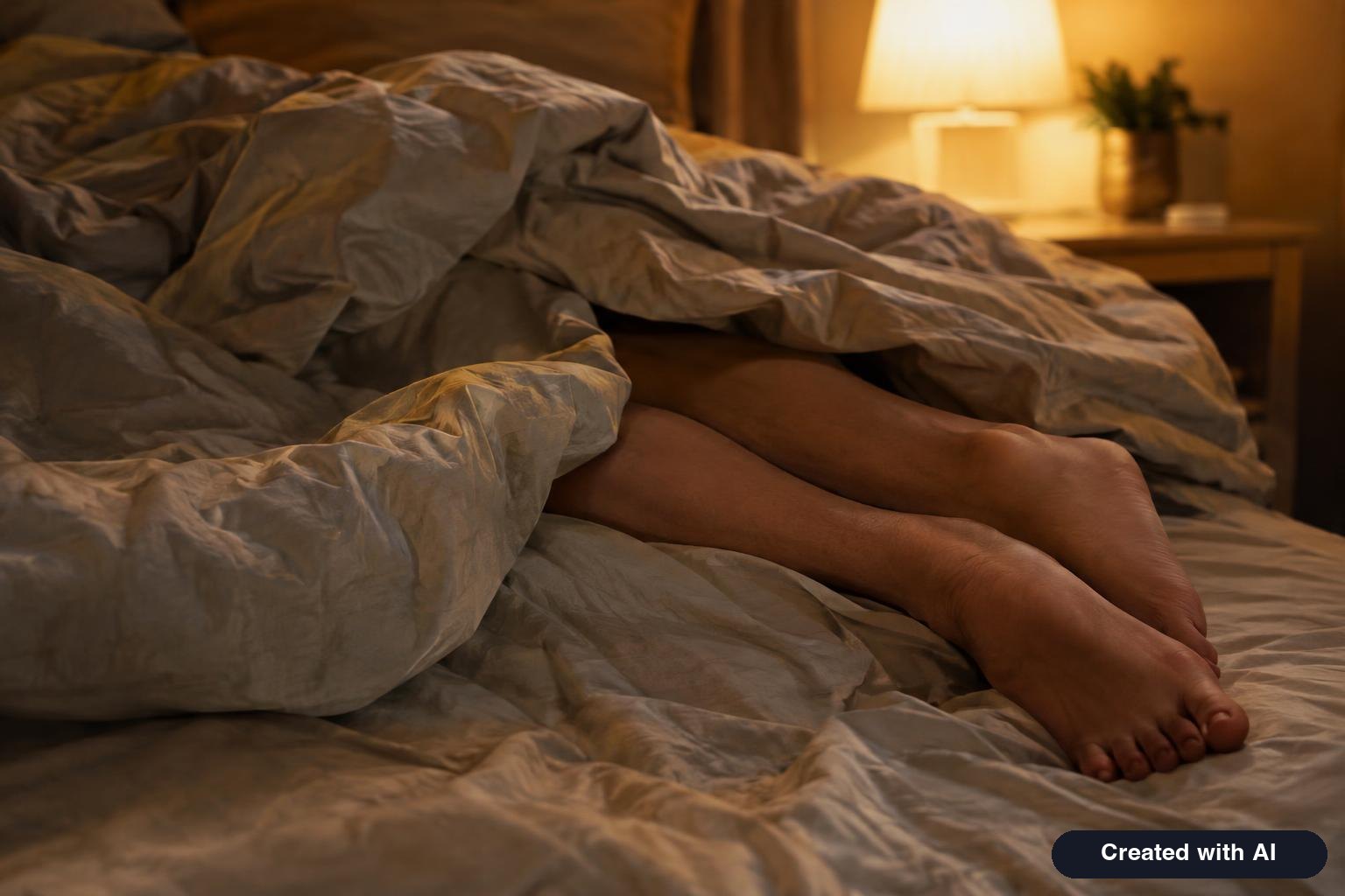 Bare feet and lower legs under a rumpled blanket on a bed at night, lit by a bedside lamp