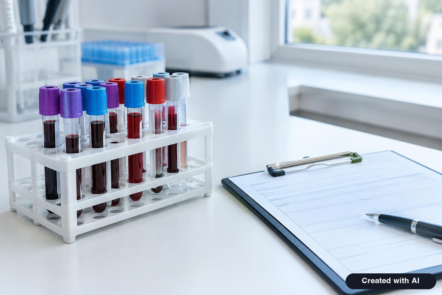 Laboratory blood collection tubes in a rack beside a requisition clipboard with no readable text